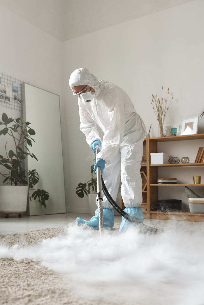 A person in protective gear disinfecting a carpet in a stylish living room, ensuring safety.